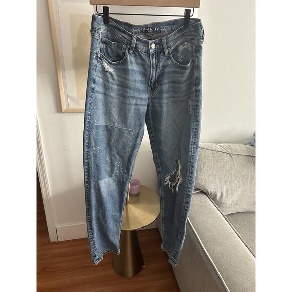 American Eagle 90’ Straight Boho Grunge Patches Distressed Jeans Size 6 - Picture 5 of 15